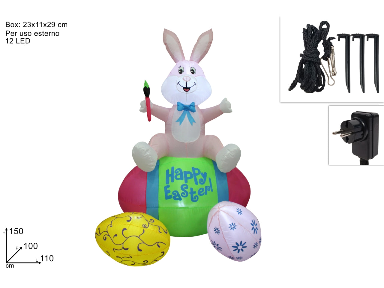 Gonfiabile coniglio su uova 150cm con 12 led