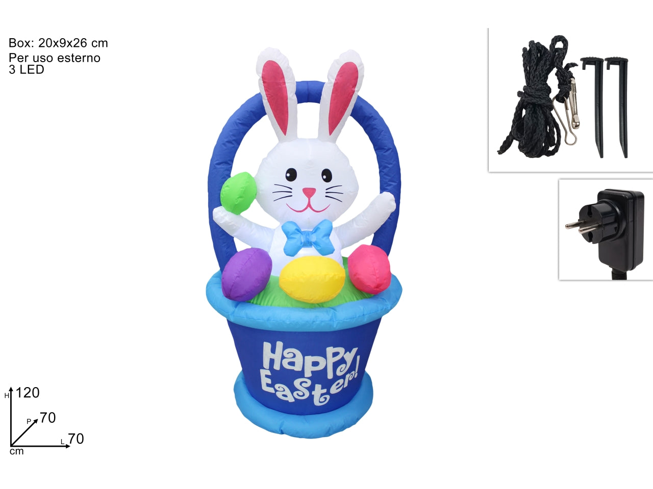 Gonfiabile cestino con coniglio 120cm con 3 led