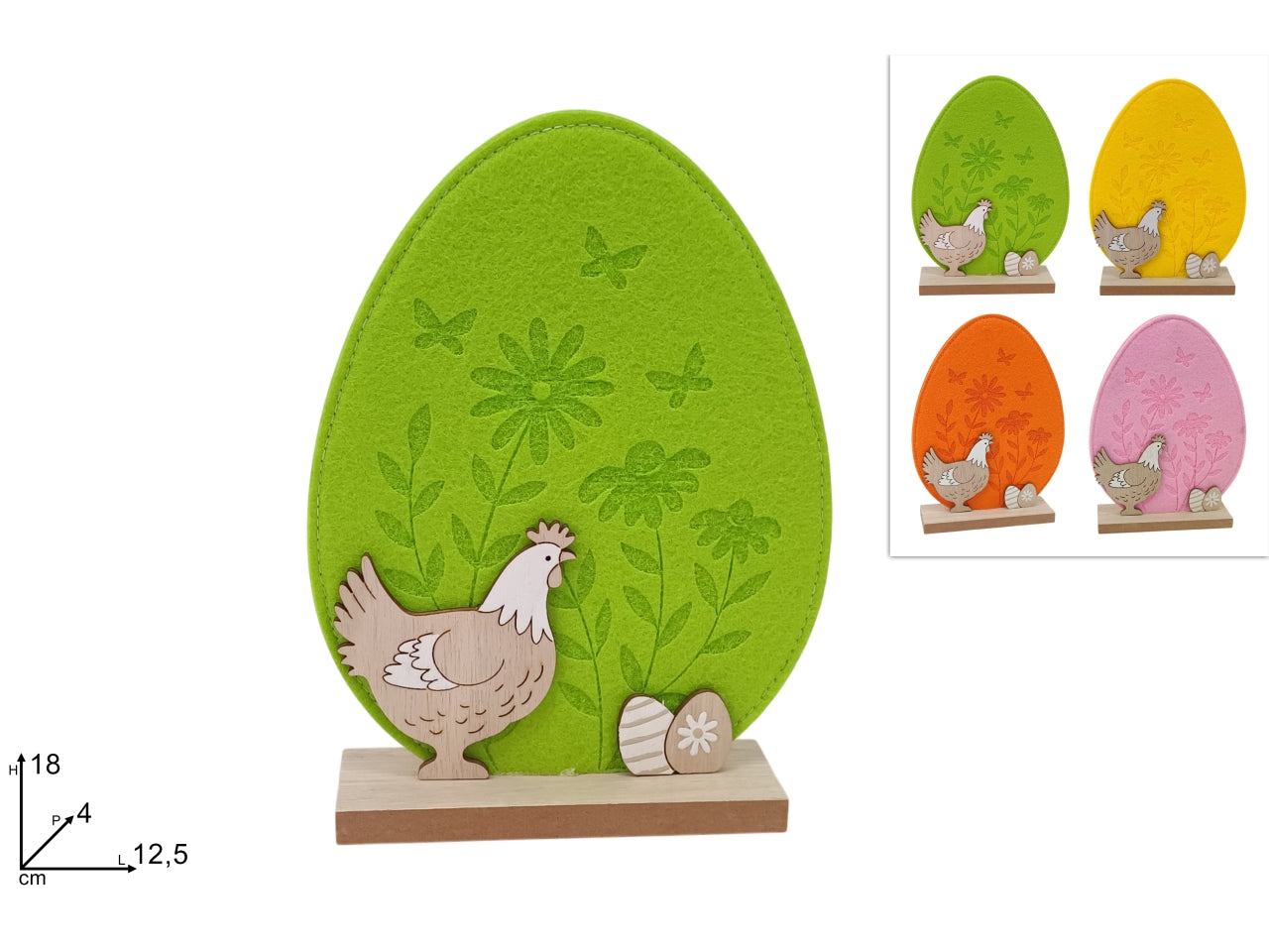 Uovo in feltro 18cm con gallina e base in legno in 4 colori assortiti