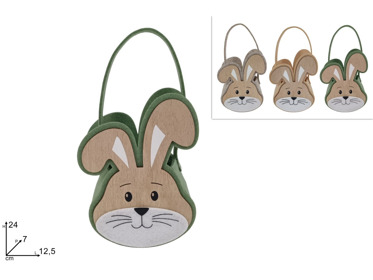 Cestino in feltro con viso coniglio in legno in 3 colori assortiti