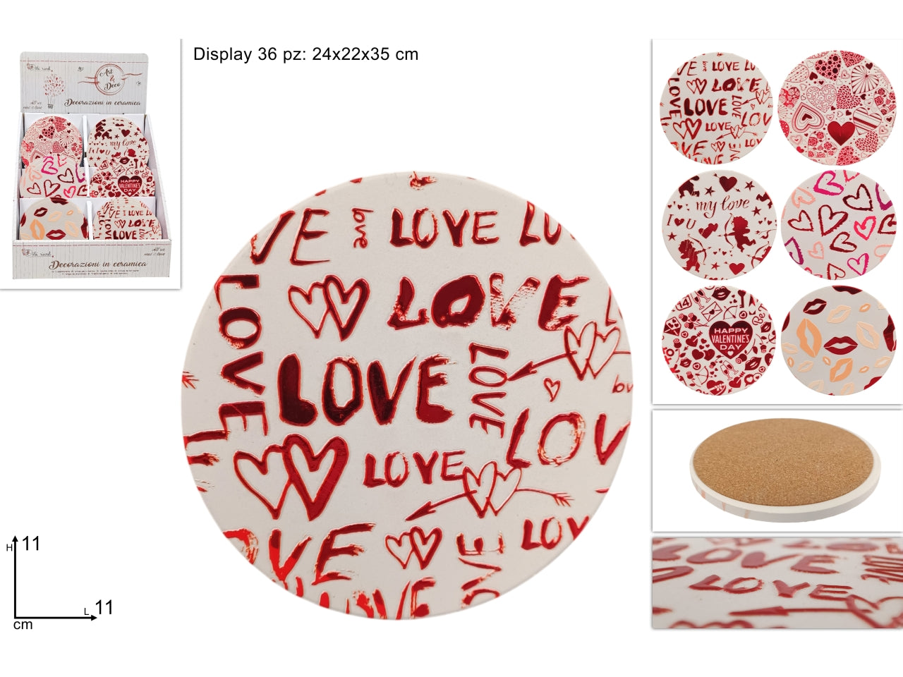 Souvenir tondo base sughero 11cm decoro a rilievo san valentino