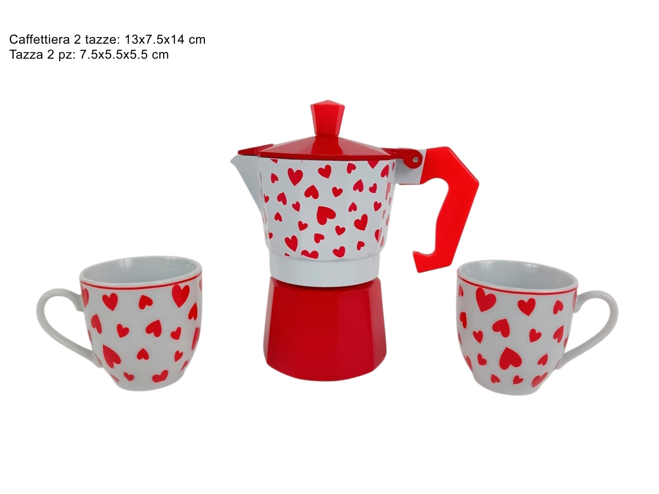 Caffettiera 2 tazze 2 tazzine decoro cuori