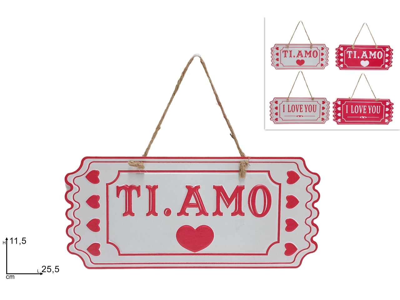 Appendino targhetta in latta san valentino 2 colori in 2 assortimenti
