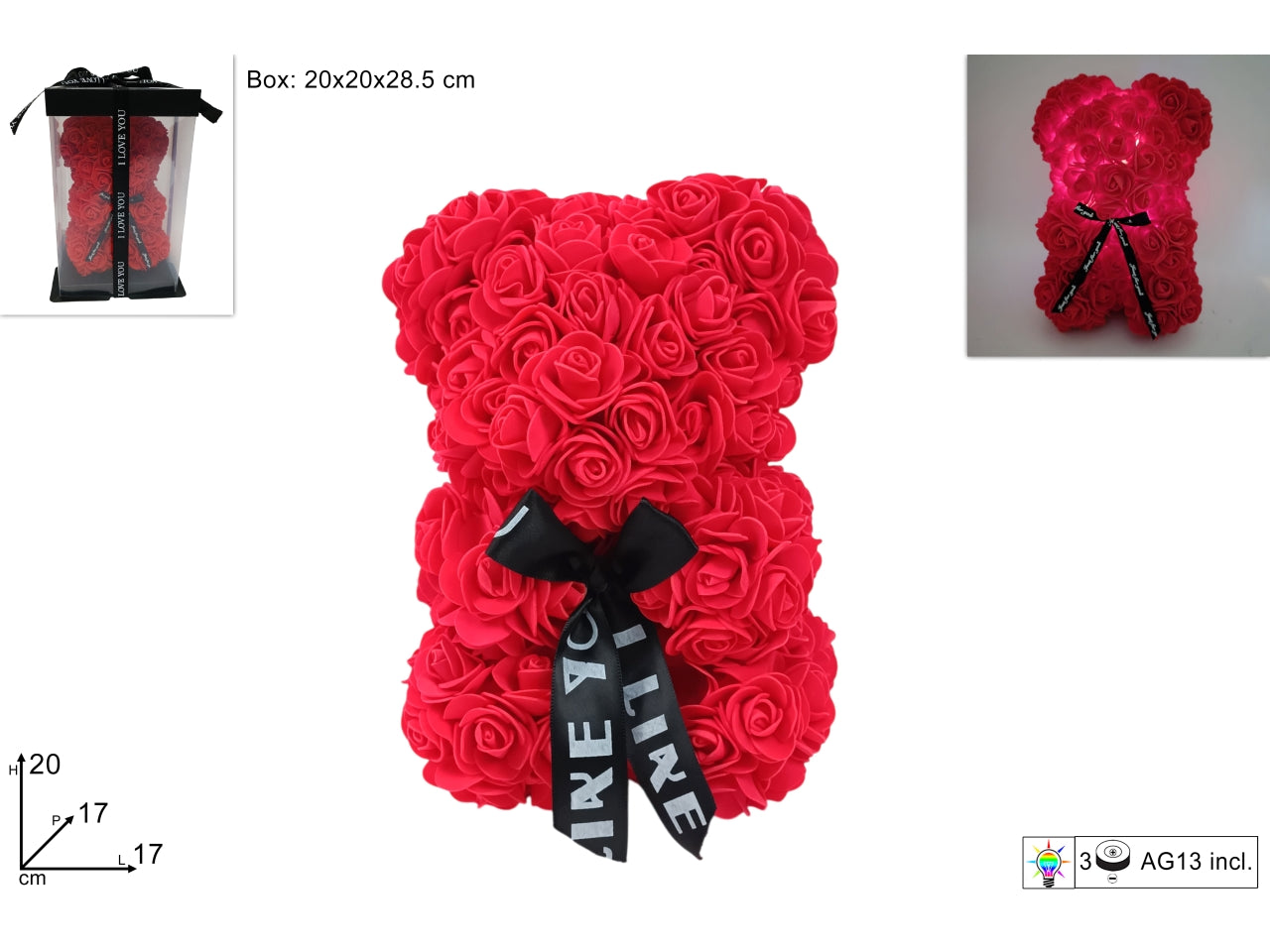 Orsetto rose rosse 20cm in scatola regalo con led