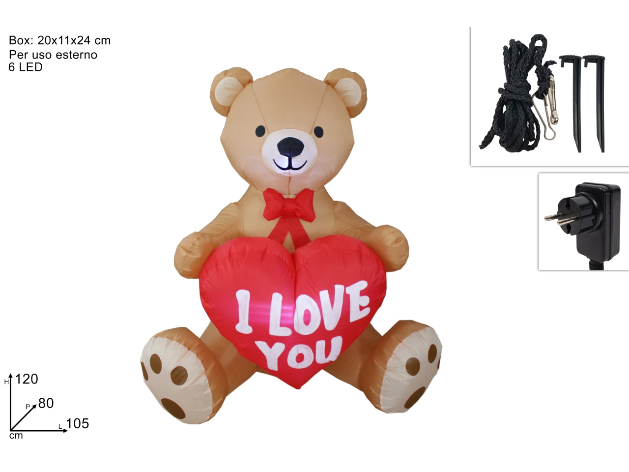 Gonfiabile orso con cuore 120cm con 6 led