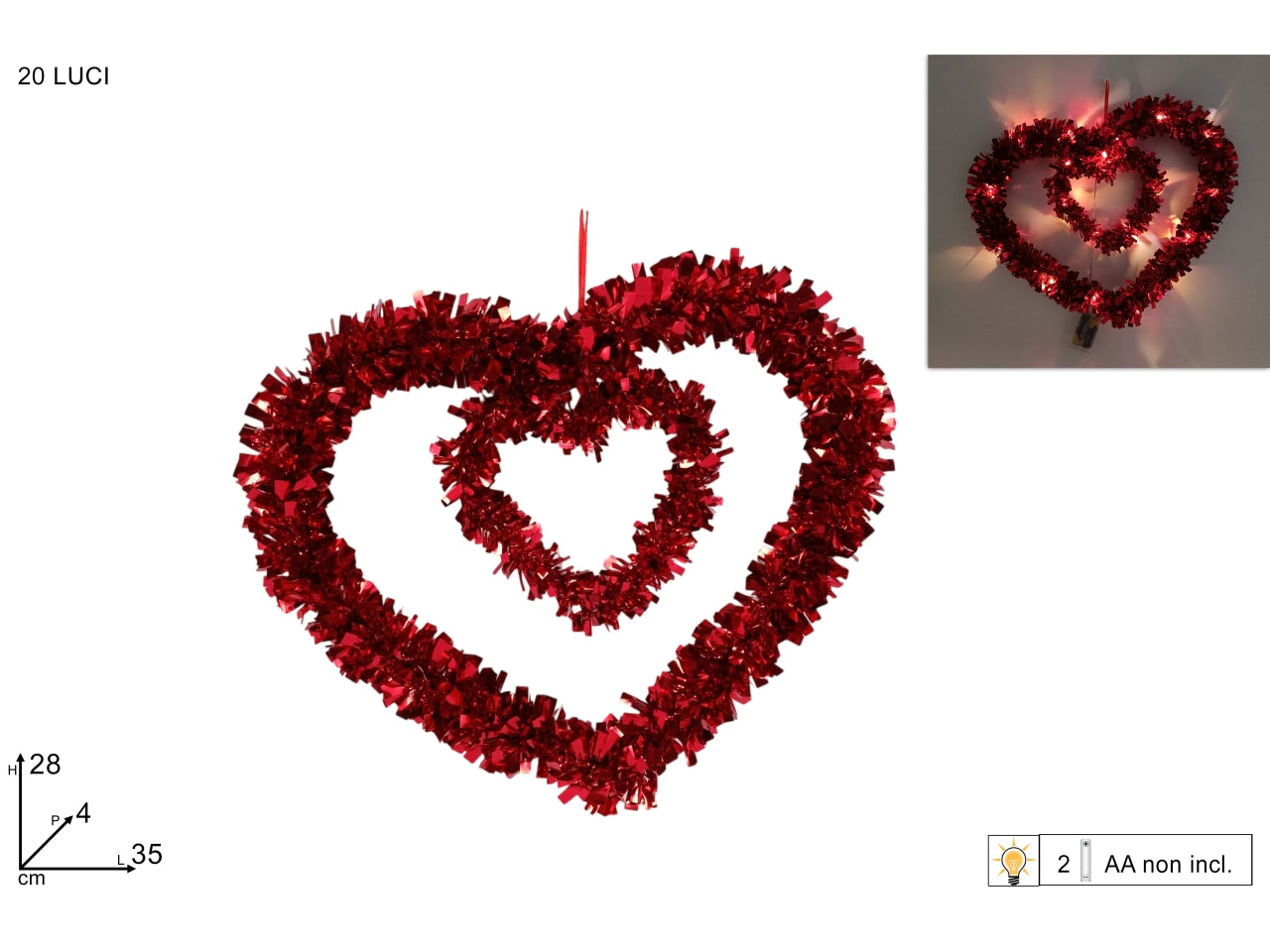 Appendino doppio cuore con 20 led filo addobbo