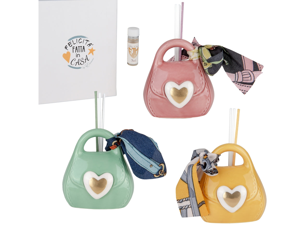 Borsetta diffusore con bacchette e profumo in porcellana 10cm, 3colori assortiti