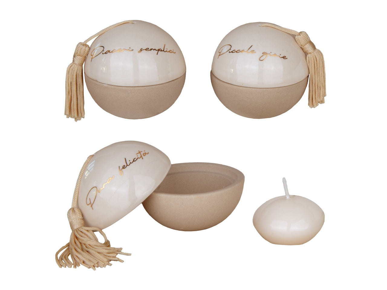Ball sfera in porcellana con candela e scritte assortite diametro 7cm, beige
