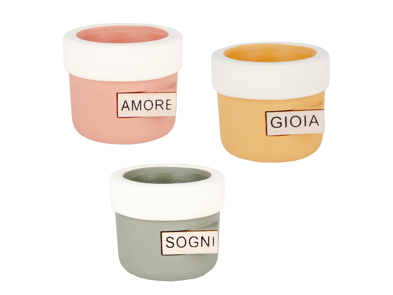 Vento porta piante in terracotta 7,5xh.6,5cm, 3colori e scritte assortite