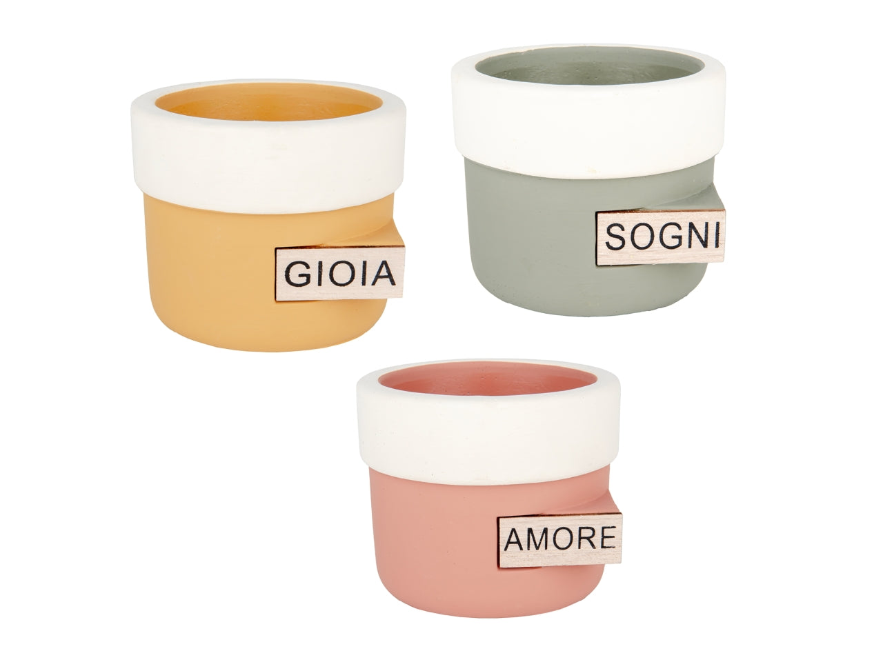 Vento porta piante in terracotta 9,5xh.8cm, 3colori e scritte assortite