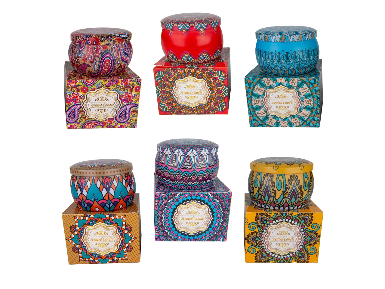 Mosaico candela con scatola in latta decorata diametro 8cm in 6 assortimenti