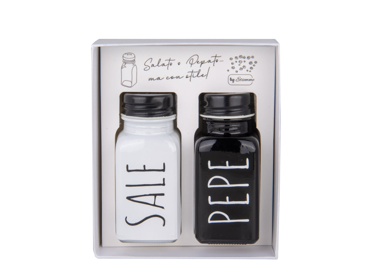 Chef sale e pepe 2 pezzi 9cm in vetro biano e nero