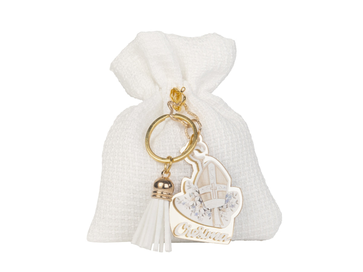 Altare sacchetto portaconfetti 10x12cm con portachiavi cresima