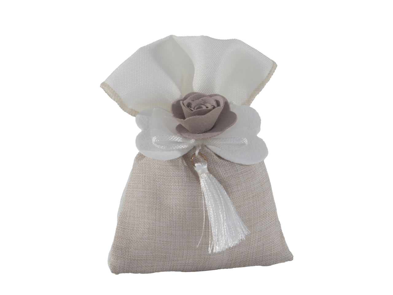 Epoque sacchetto portaconfetti in tessuto 10x13cm con fiocco e rosellina tortora