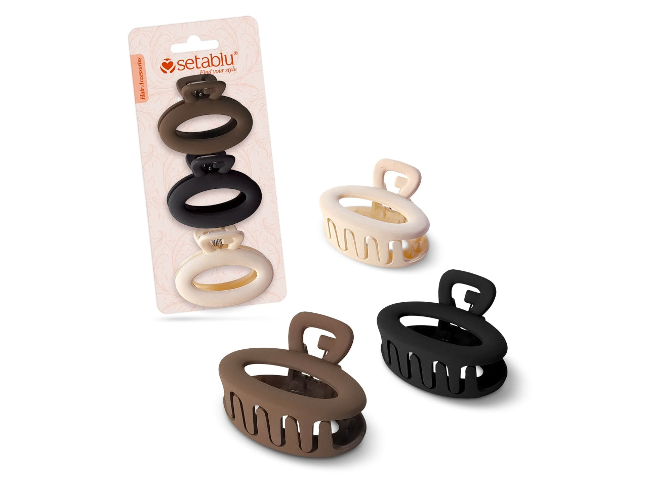 Pinza per capelli ovale in blister da 3 pezzi assortite