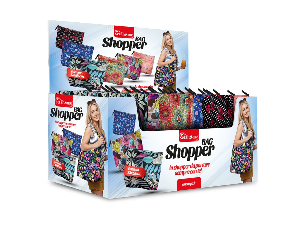 Shopper bag richiudibile 58x65cm, fantasie assortite