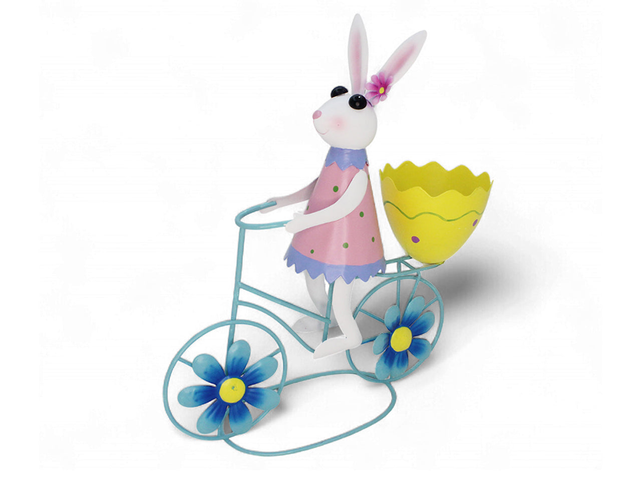 Coniglio in metallo su bici e uovo 27x9x30cm