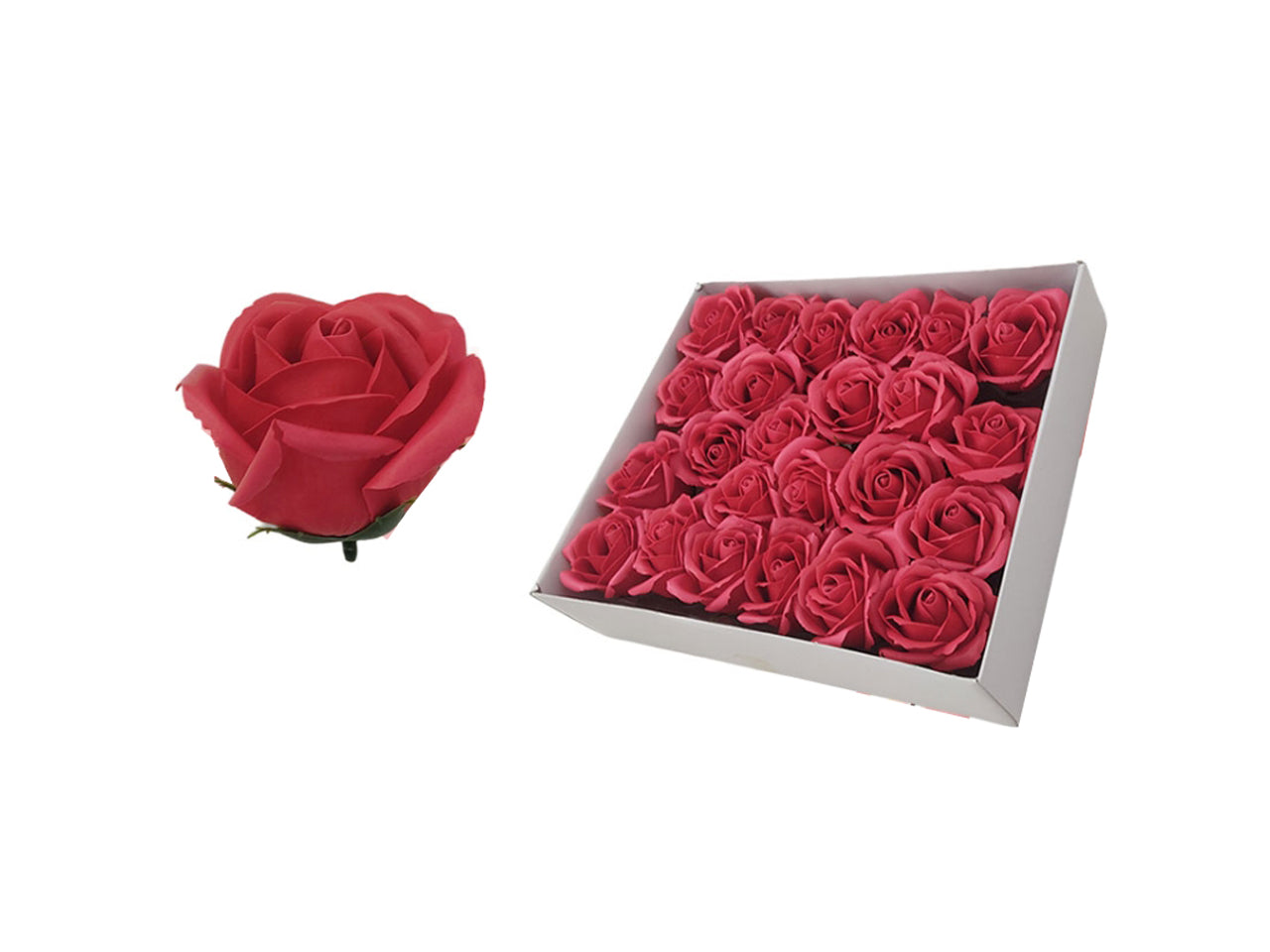 Rose saponate 8cm, scatola da 24 rose rosse