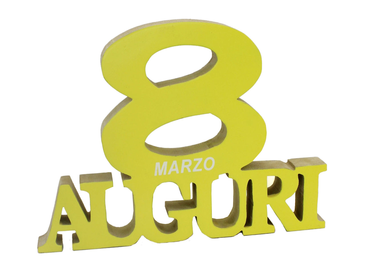 Scritta in legno 8 marzo auguri 20x15cm gialla