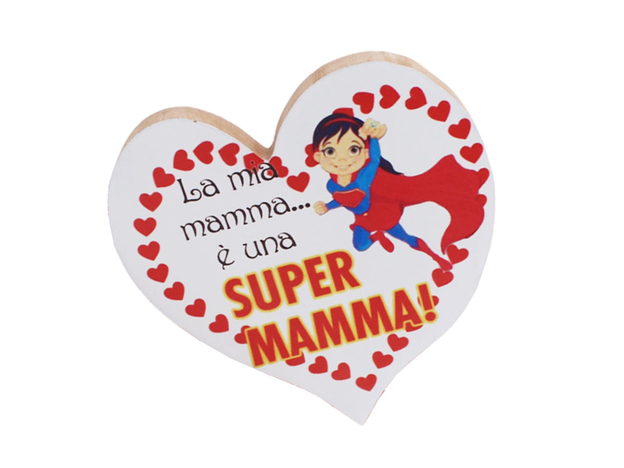 Cuore in legno 13x12cm super mamma bianco