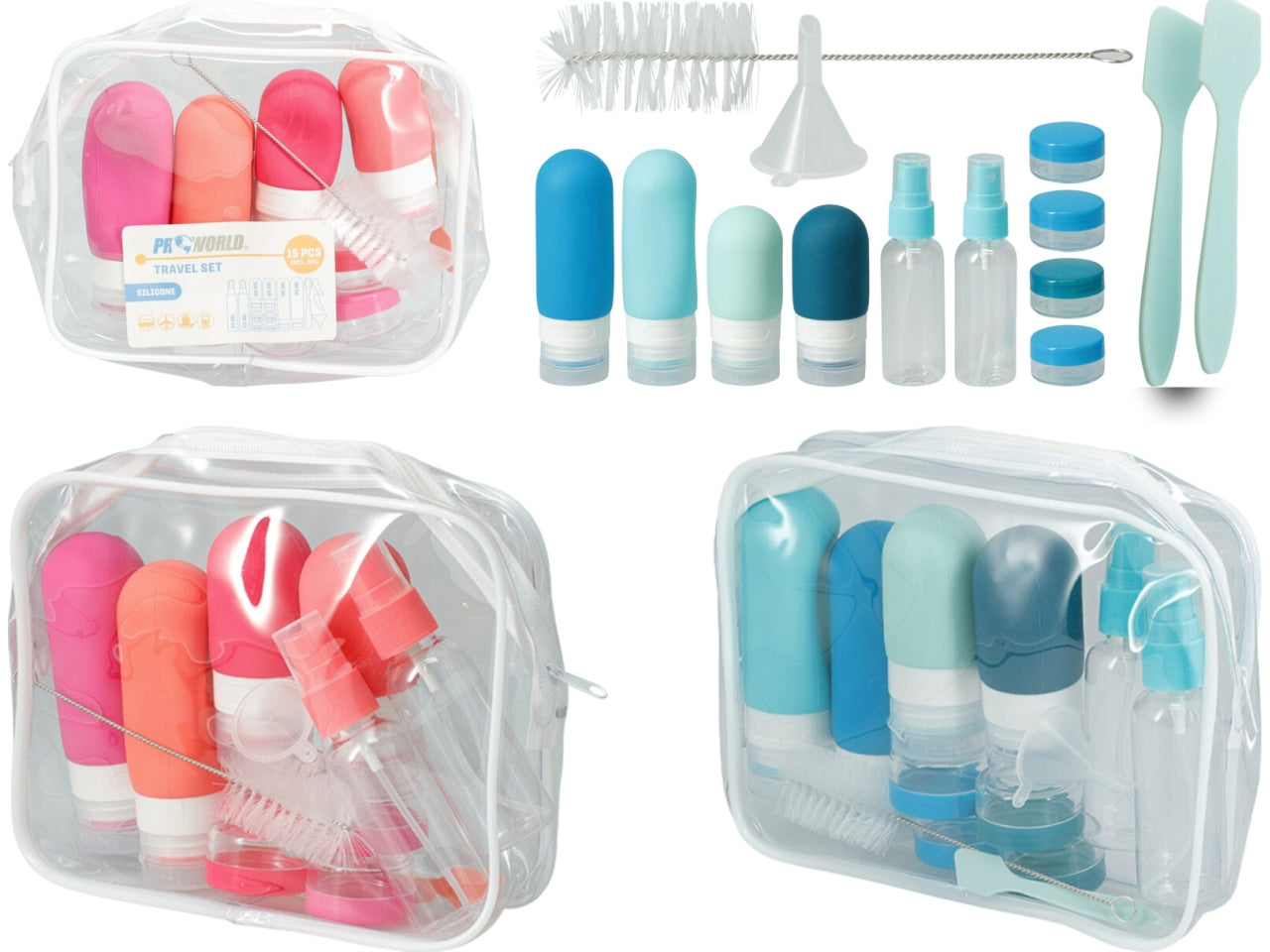 Flaconi da viaggio 15 pezzi in silicone con pochette trasparente, colori assortiti