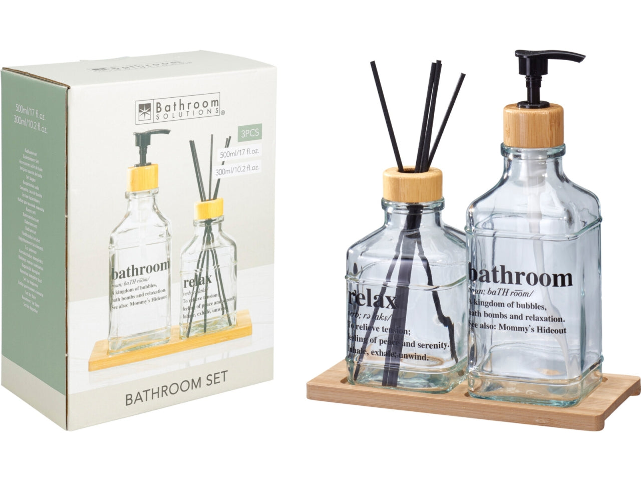 Set bagno in vetro con dispenser sapone, bottiglia per pofumatore con bacchette e vassoio in bambÃ¹, 3colori assortiti