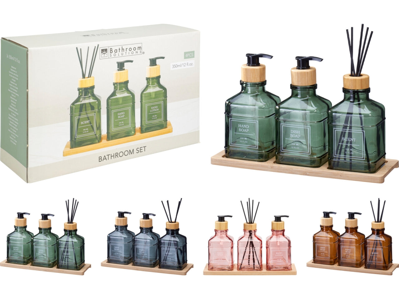 Set bagno in vetro con 2 dispenser sapone, bottiglia per pofumatore con bacchette e vassoio in bambÃ¹, 3colori assortiti