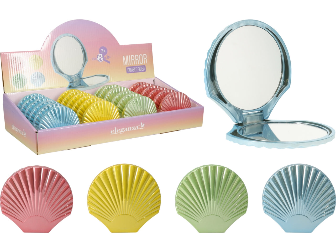 Specchio da borsetta a forma di conchiglia 7x7cm in 4 colori assortiti