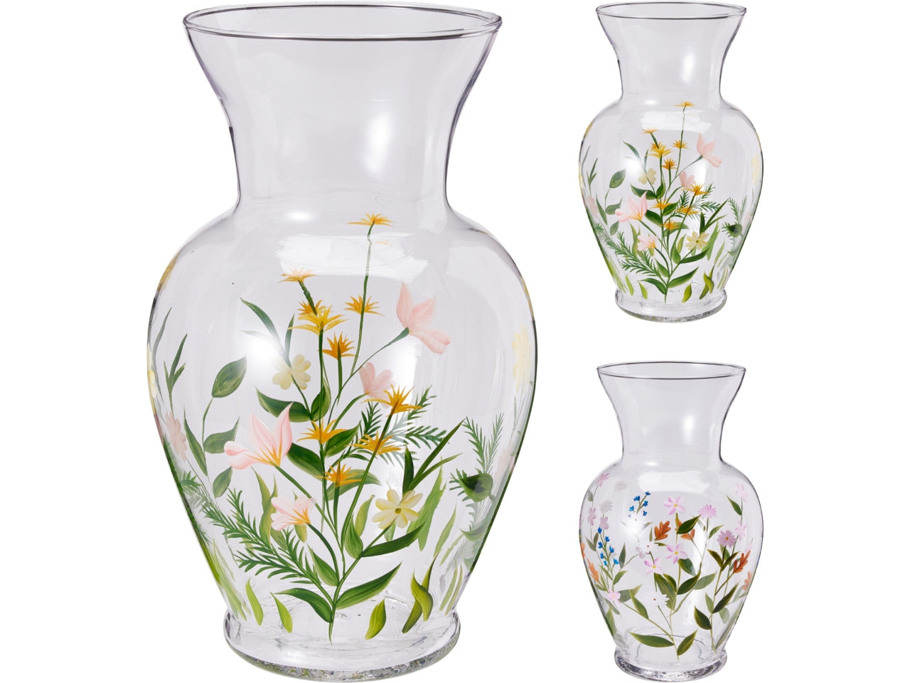 Vaso in vetro trasparente con decori floreali 16x27cm, 2 assortimenti