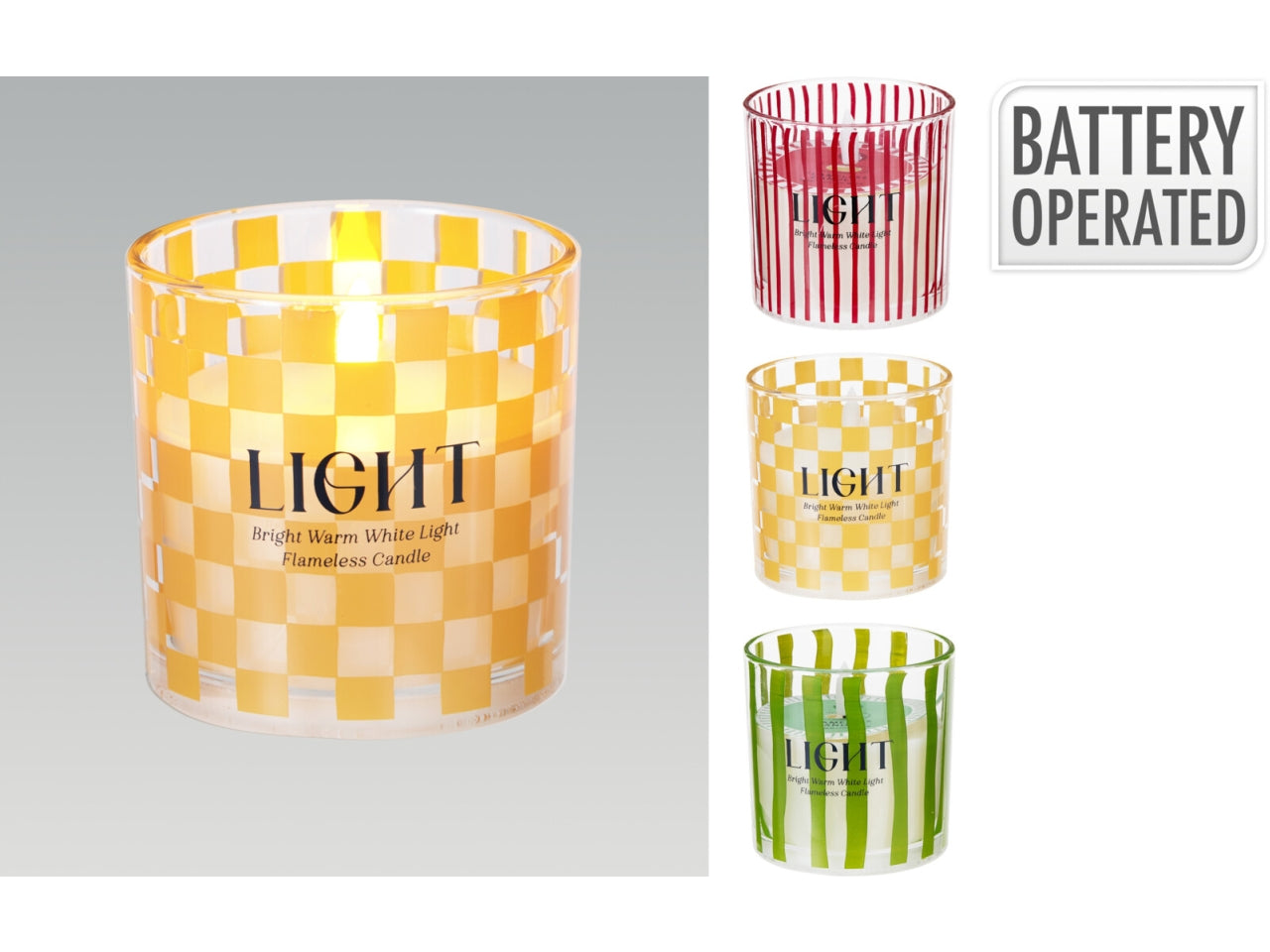 Candela led con bicchiere in vetro 10cm decorato, 3 colori assortiti