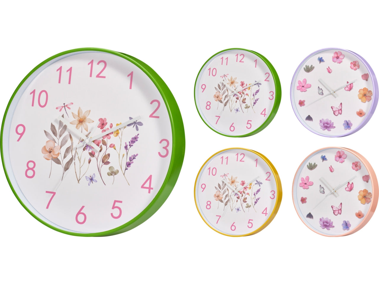 Orologio da parete 30cm con fiori e bordo colorato, 4 assortiti