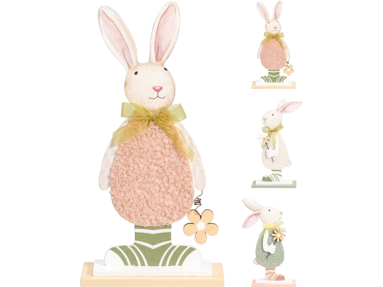 Coniglio in legno con fiore 24cm, 3 soggetti assortiti