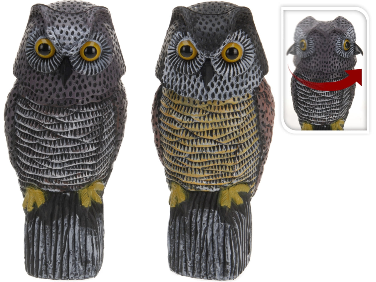 Gufo spaventapasseri con testa rotante 38cm, 2 assortimenti