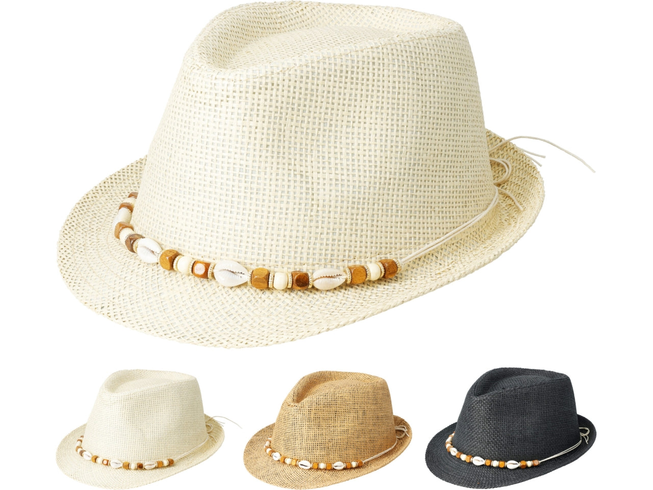 Cappello in paglia per adulti con conchiglie, 3colori assortiti