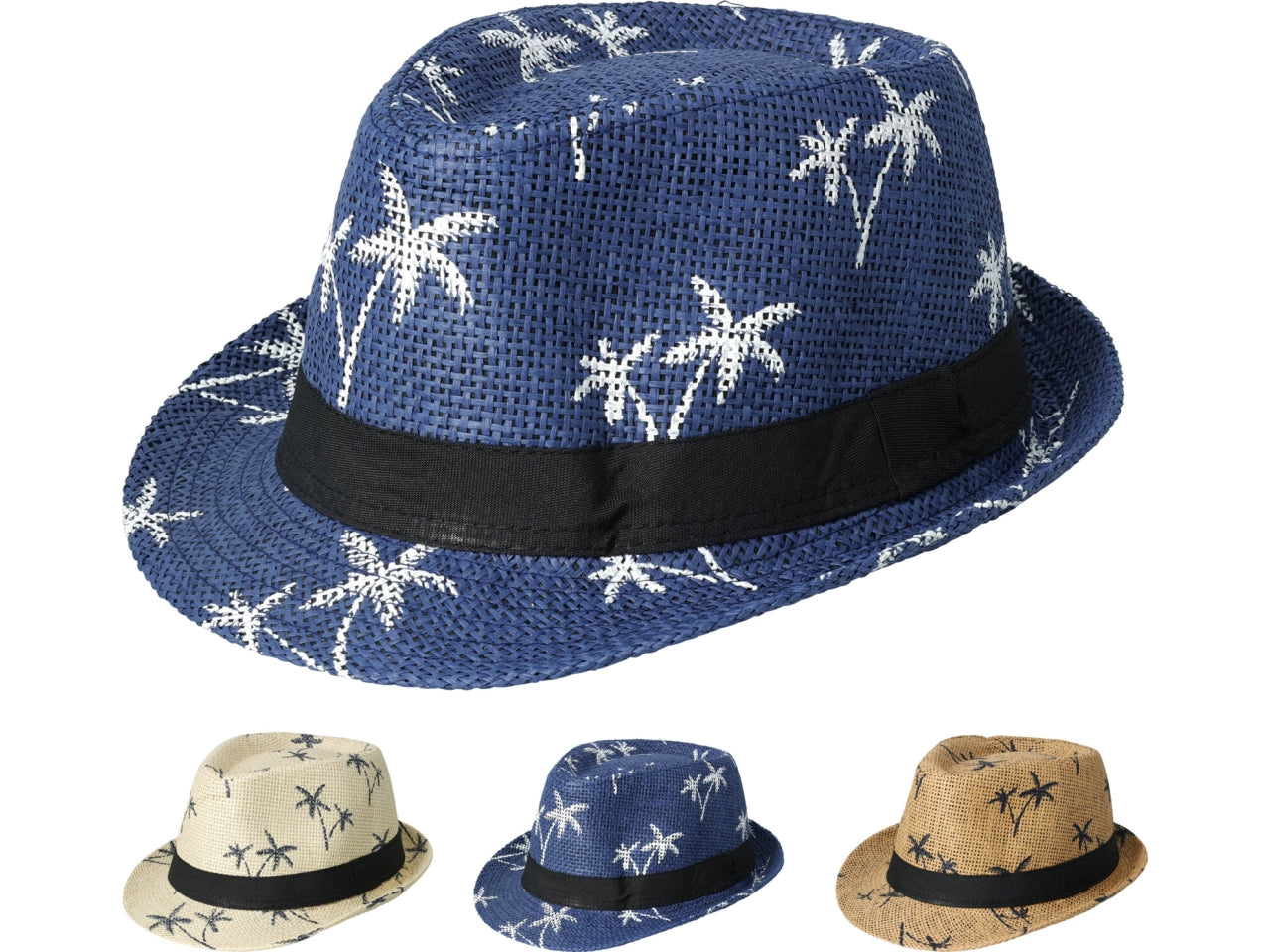 Cappello in paglia per adulto decorato con palme, 3 colori assortiti