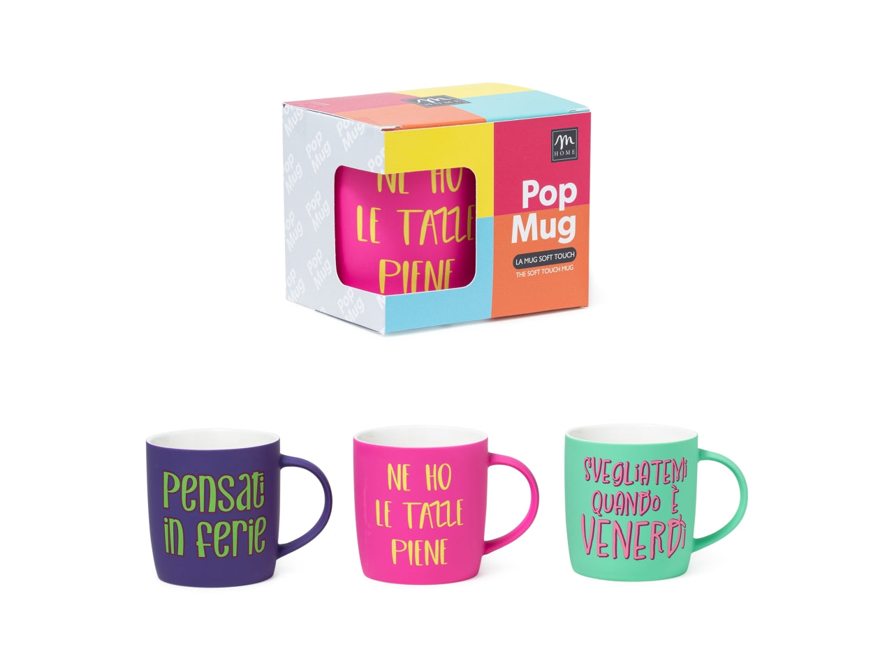 Tazza mug in porcellana floccata 350ml con scritte, colori assortiti
