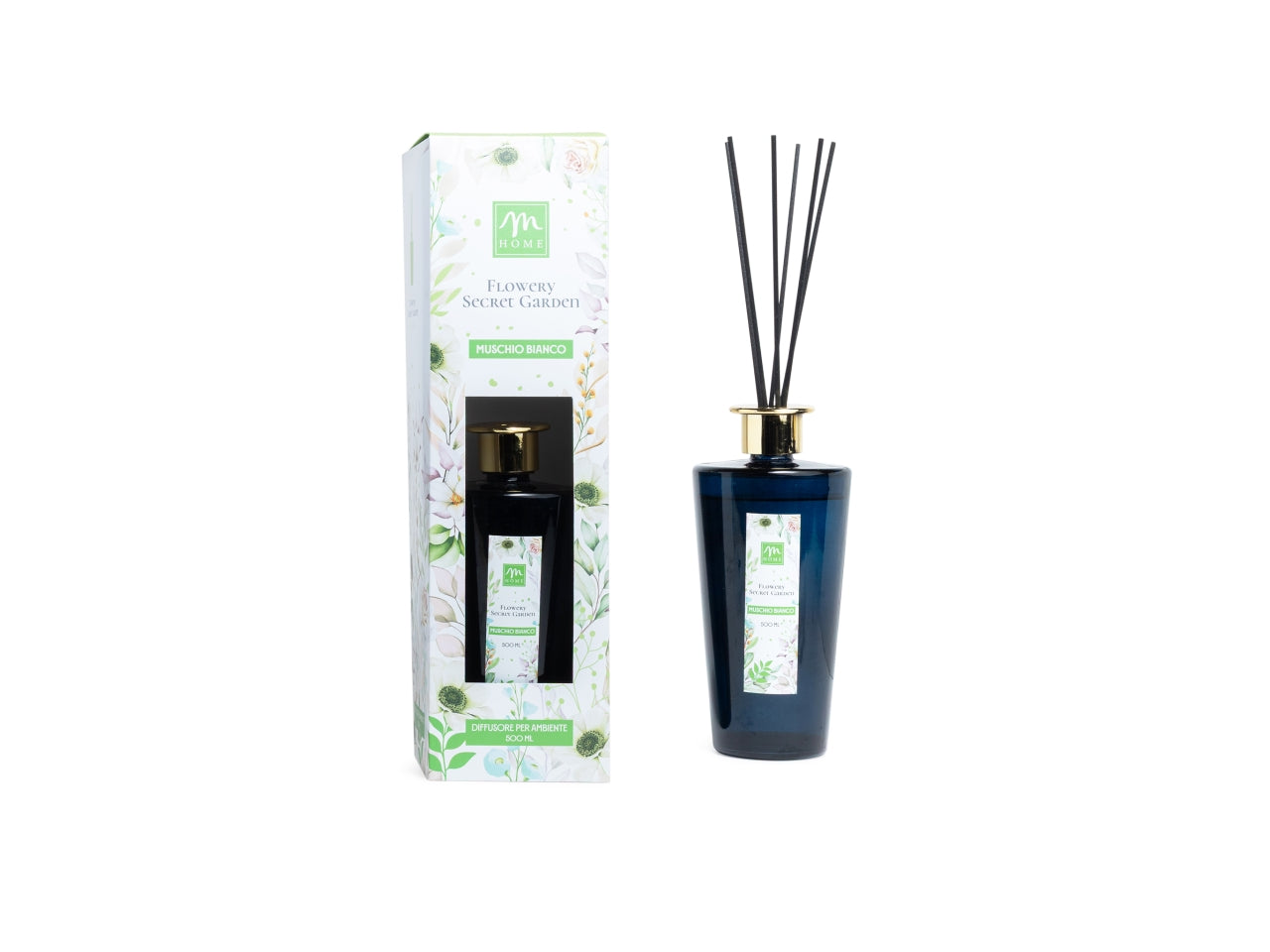 Diffusore con bacchette 500ml, fragranza muschio bianco