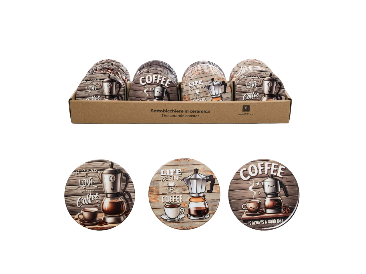 Sottobicchiere "coffee time" in ceramica diametro 10cm, fantasie assortite