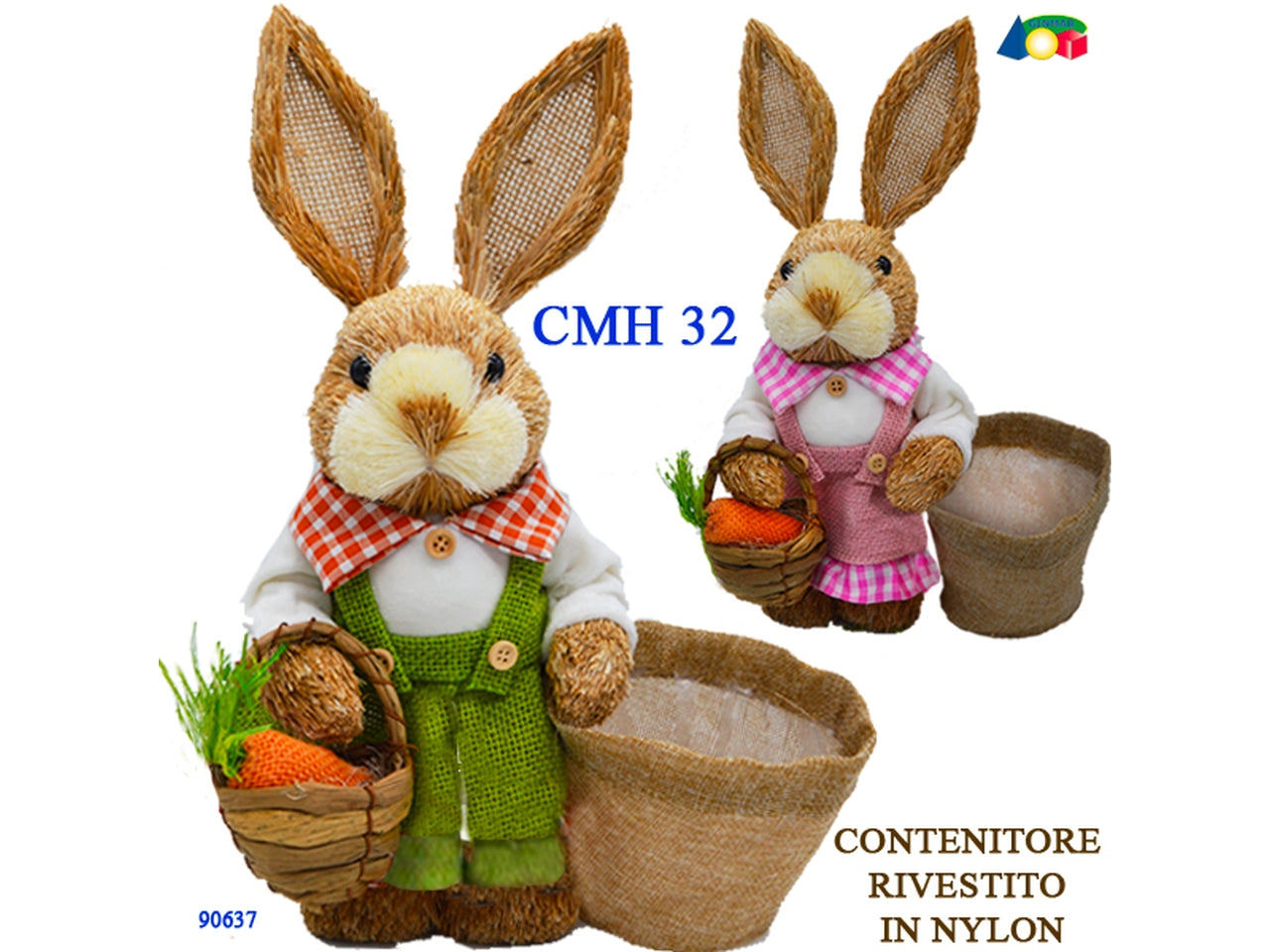 Coniglio paglia con vestito in juta colorato e sacco contenitore
