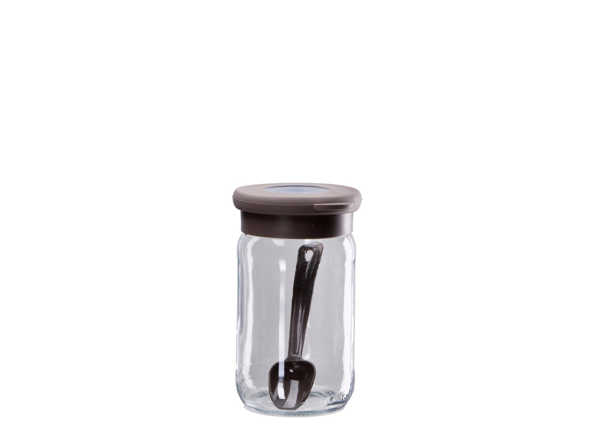 Barattolo in vetro con coperchio e cucchiaino 8xh.13cm, 2 colori assortiti