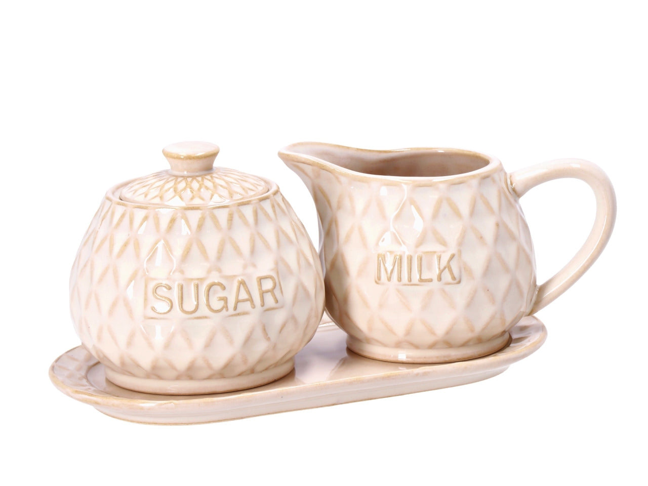 Servizio tavola in ceramica con vassoio, zuccheriera e lattiera beige