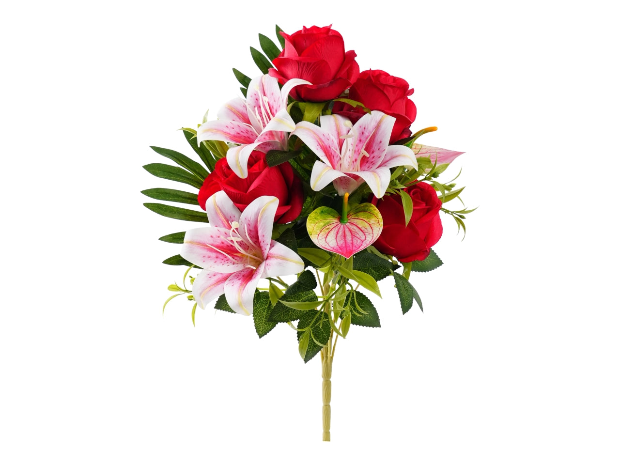 Mazzo 45cm rose/lilium/anthurium rosso