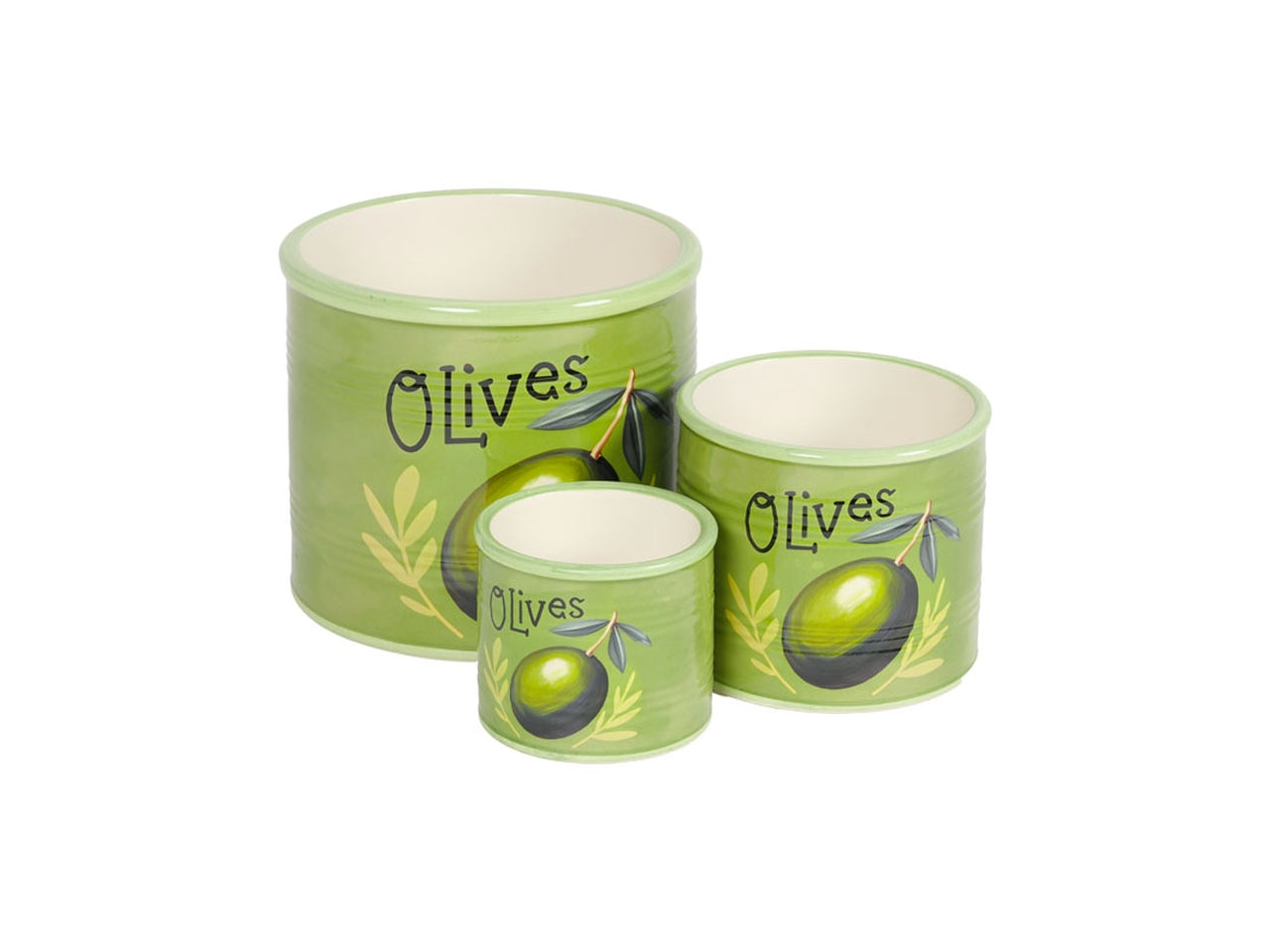Set 3 vasetti in ceramica con decoro olive