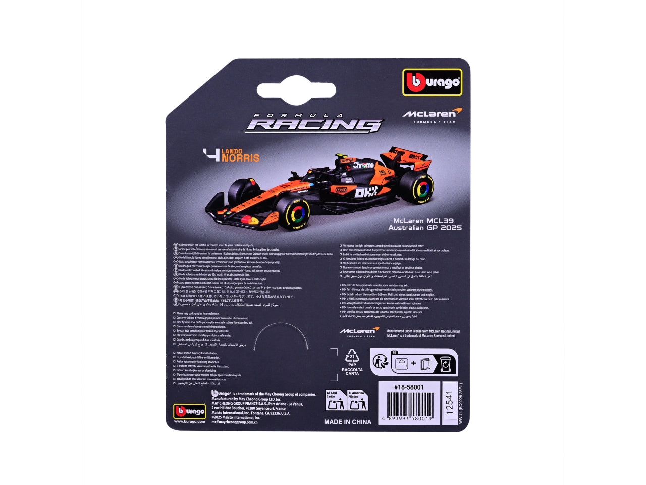 Auto F1 Ferrari MCL 39 Mclaren 2025 Lando Norris scala 1:64