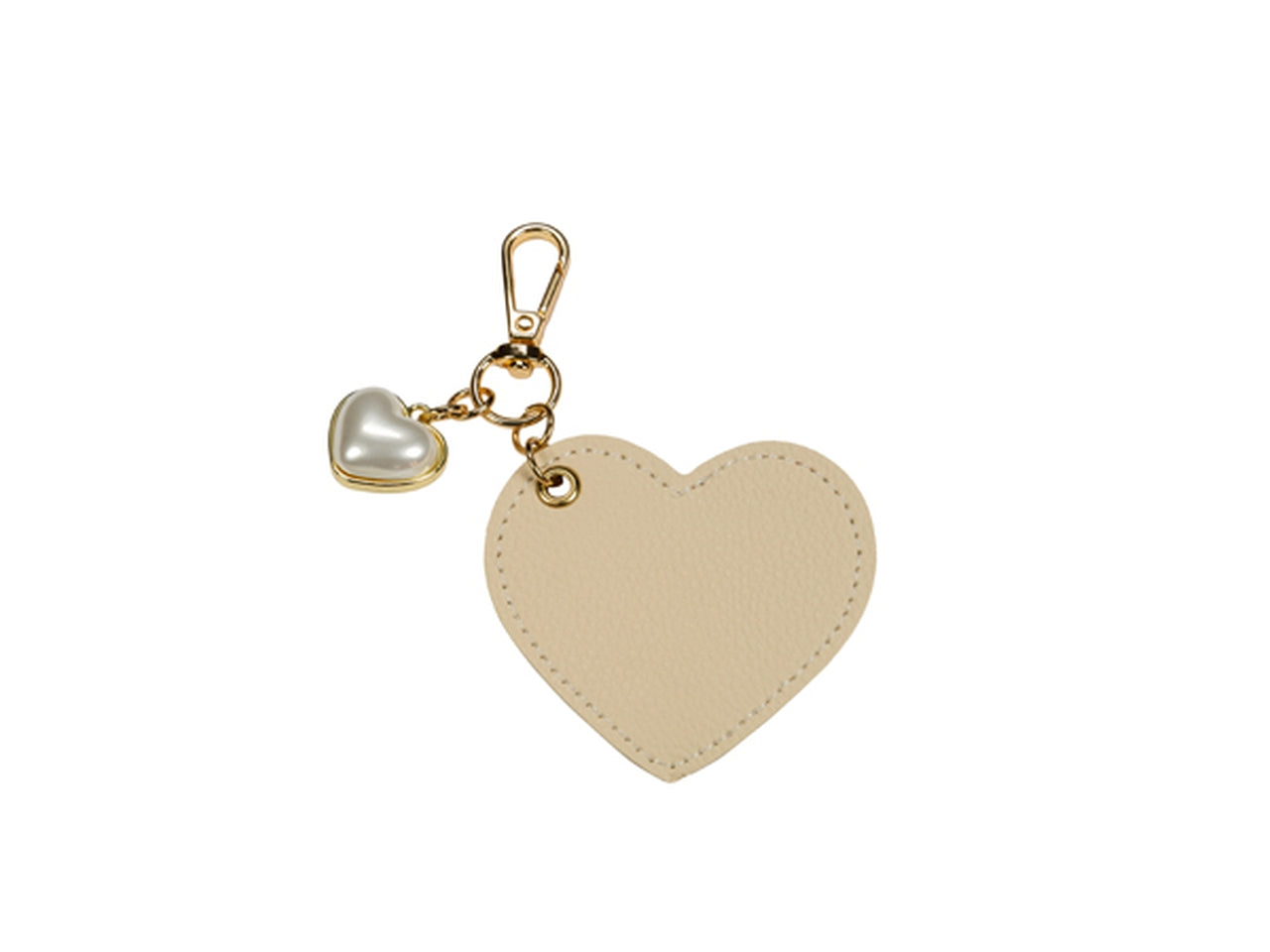 Portachiavi cuore in ecopelle beige con perla cuoricino bianco