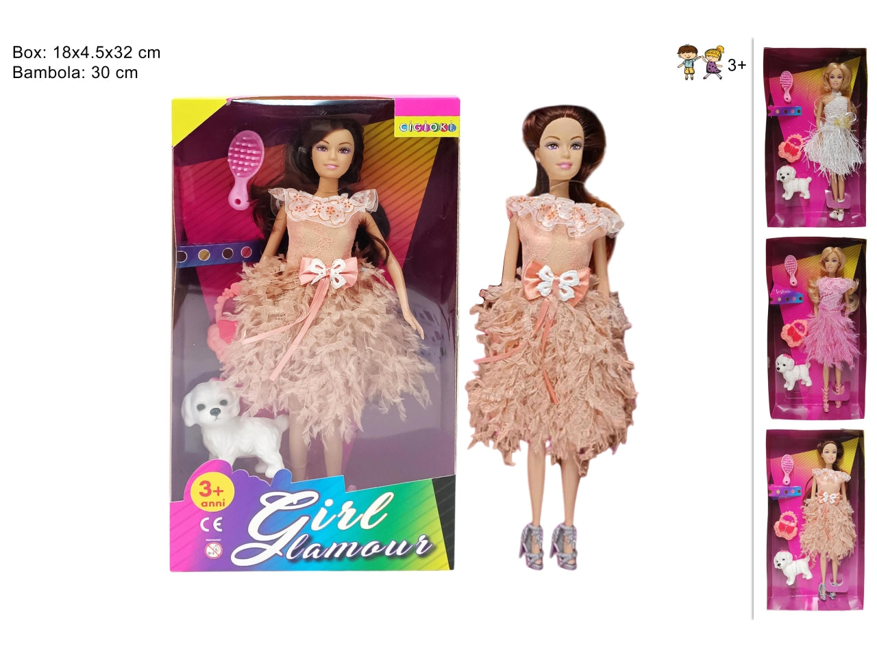 Bambola party con cane in 3 colorazioni