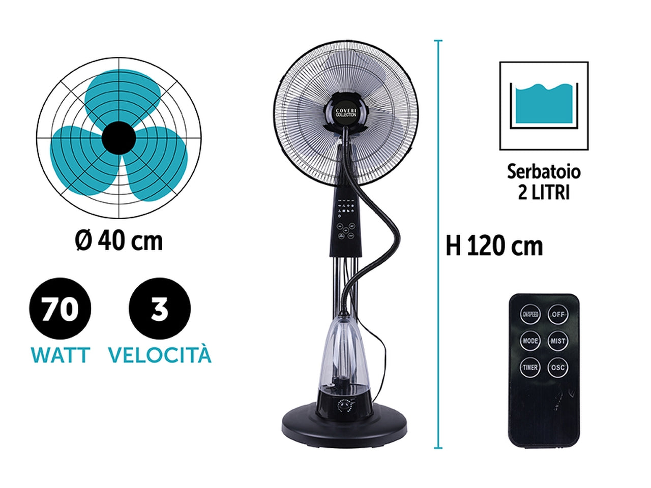 Ventilatore nebulizzatore 2lt 70w c/telecomando d.40xh.120cm nero