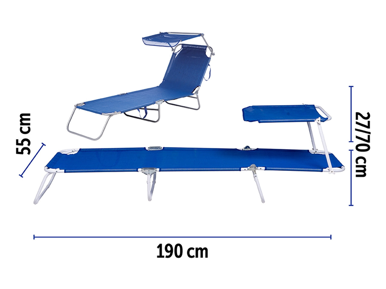 Lettino c/parasole alluminio/textilene 190x55x27cm blu