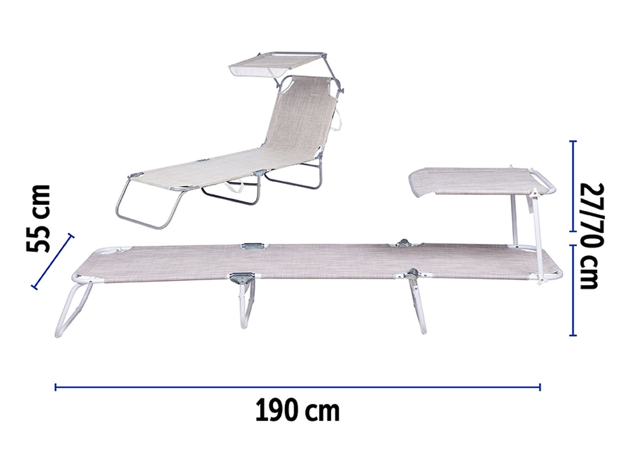 Lettino c/parasole alluminio/textilene 190x55x27 grigio