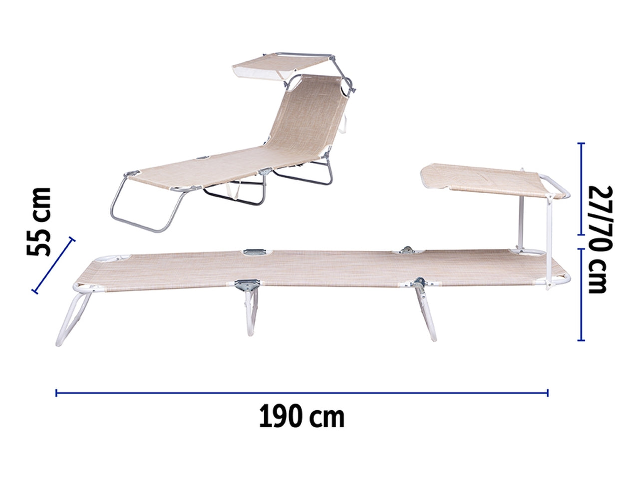 Lettino c/parasole alluminio/textilene 190x55x27 beige